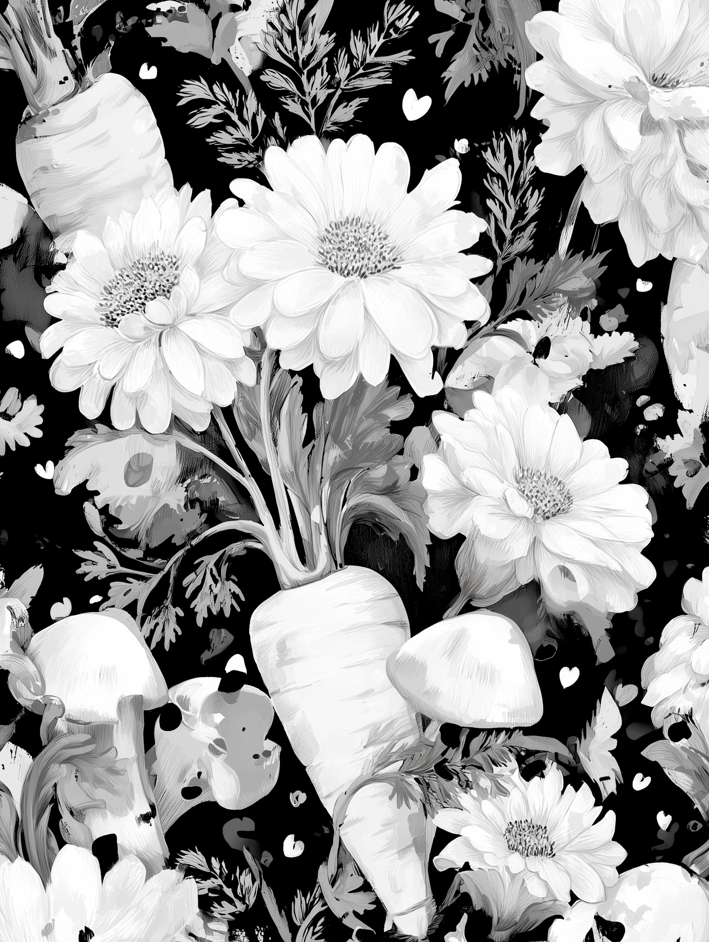 Free printable carrot coloring page for adults featuring daisies and carrots